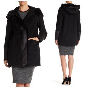 DKNY Hooded Faux Fur Wool Blend Coat